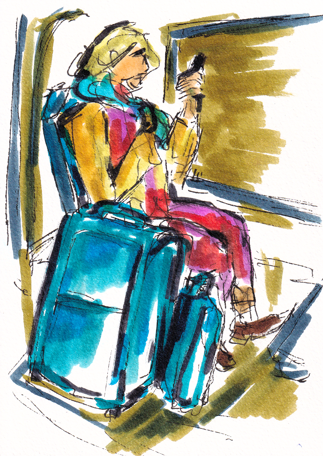 Valise turquoise, minute en transit